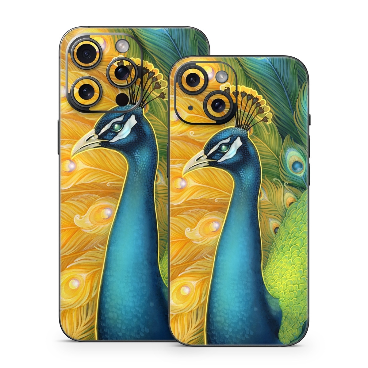 iPhone 15 Series Skin design of Bird, Peafowl, Phasianidae, Beak, Organism, Art paint, Galliformes, Art, Feather, Painting, with yellow, orange, green, blue, white, black colors