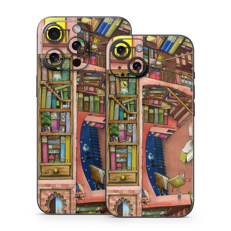 iPhone 15 Series Skin design of Cartoon, Building, Art, Architecture, Design, Fun, Retail, Illustration, Neighbourhood, Room, with pink, yellow, blue, red, orange, brown colors