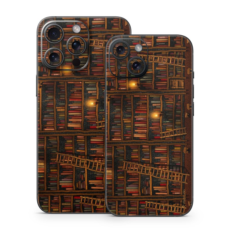 iPhone 15 Series Skin design of Shelving, Library, Bookcase, Shelf, Furniture, Book, Building, Publication, Room, Darkness, with black, red colors
