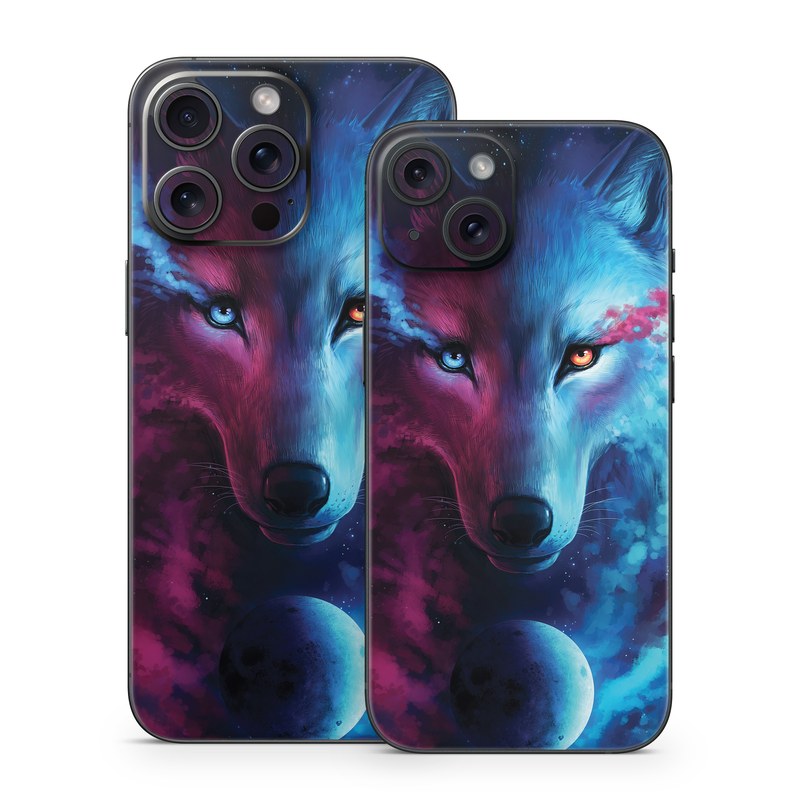 iPhone 15 Series Skin design of Dog, Carnivore, Organism, Iris, Painting, Art, Whiskers, Cg artwork, Electric blue, Space, with black, blue, purple, red colors