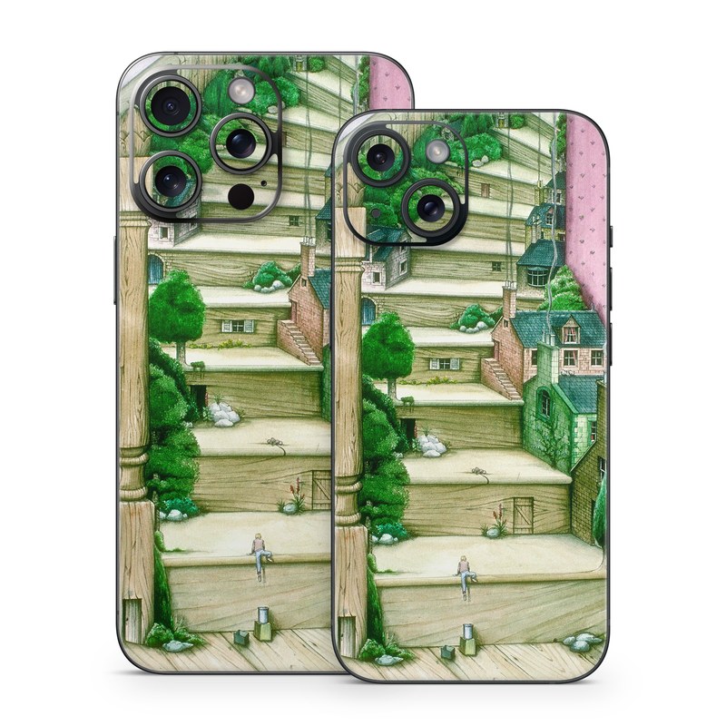 iPhone 15 Series Skin design of Green, Stairs, House, Watercolor paint, Home, Illustration, Building, Wood, Plant, Sketch, with pink, green, brown colors