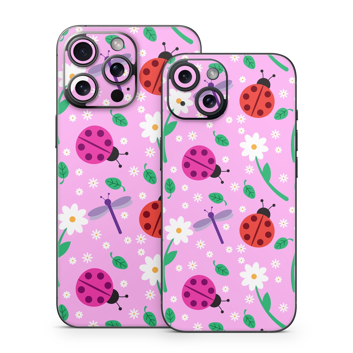 iPhone 15 Series Skin design of Pink, Pattern, Design, Magenta, Clip art, Plant, Visual arts, Ladybug, Child art, Illustration, with pink, white, purple, gray, red, blue colors
