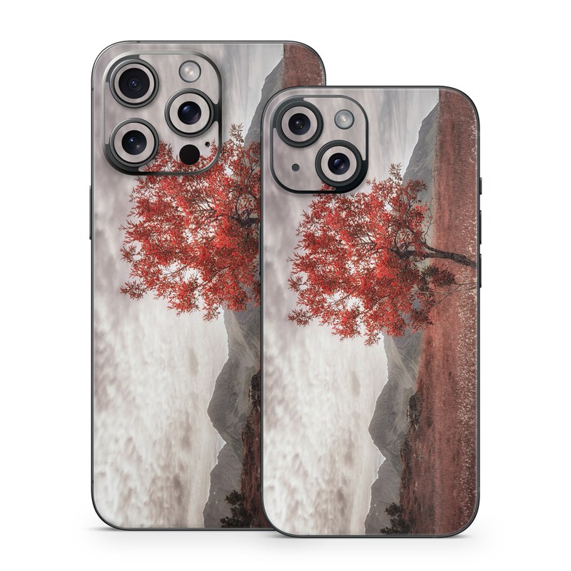 iPhone 15 Series Skin design of Natural landscape, Nature, Tree, Sky, Red, Natural environment, Atmospheric phenomenon, Leaf, Cloud, Woody plant, with black, gray, red colors