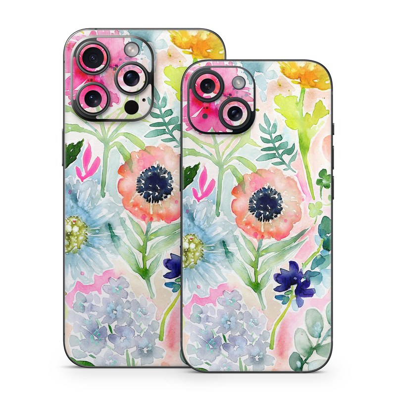 iPhone 15 Series Skin design of Flower, Watercolor paint, Plant, Flowering plant, Pattern, Floral design, Botany, Petal, Wildflower, Design, with green, pink, yellow, orange, blue, red, purple colors