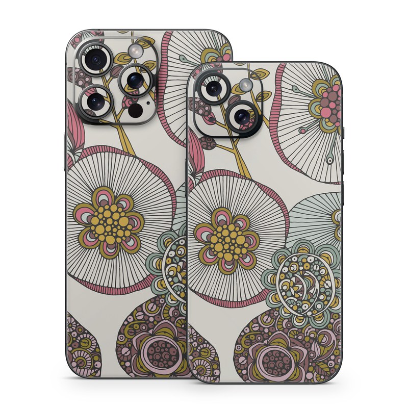 iPhone 15 Series Skin design of Pattern, Textile, Botany, Visual arts, Motif, Design, Needlework, Circle, Floral design, with gray, pink, green, blue, purple colors