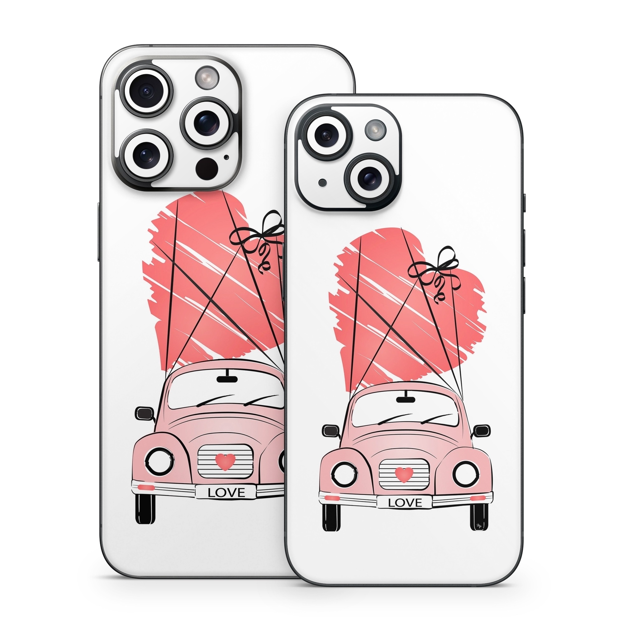 iPhone 15 Series Skin design of Land vehicle, Wheel, Vehicle, Tire, Hood, Automotive lighting, Car, Motor vehicle, Kit car, Cartoon, with white, pink, black, red colors