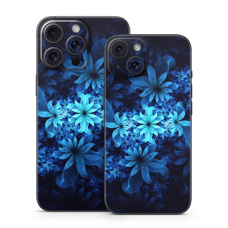 iPhone 15 Series Skin design of Nature, Blue, Petal, Organism, Darkness, Flower, Colorfulness, Electric Blue, Majorelle Blue, Pattern, Botany, Still Life Photography, Space, Aquatic Plant, Fractal Art, Visual Arts, Illustration, Symmetry, Midnight, Wildflower, Painting, Still Life, with black, blue, white colors