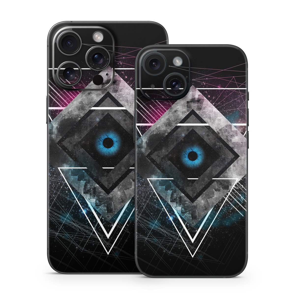 iPhone 15 Series Skin design of Graphic design, Design, Pattern, Graphics, Illustration, Font, Circle, Triangle, Fractal art, Logo, with black, gray colors