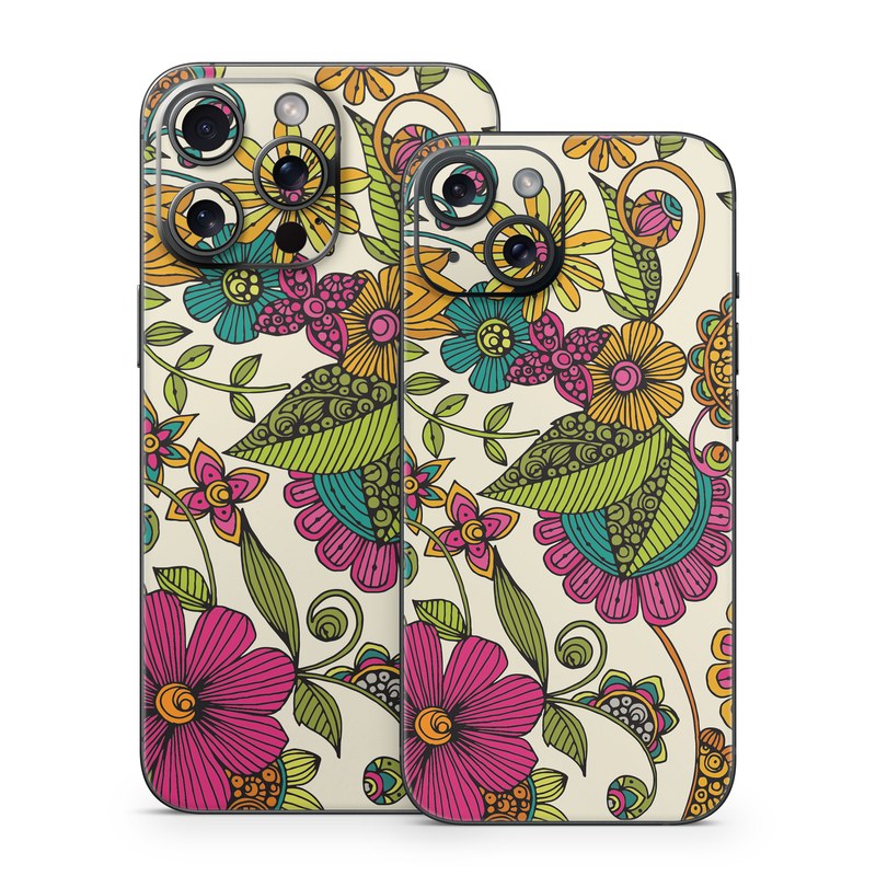 iPhone 15 Series Skin design of Pattern, Floral design, Motif, Design, Visual arts, Botany, Pedicel, Flower, Plant, Textile, with green, pink, orange, blue colors