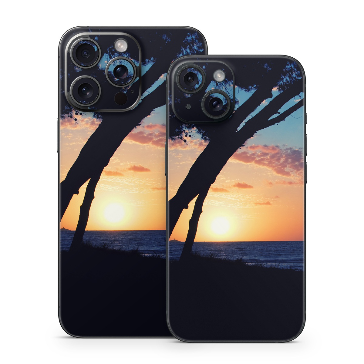 iPhone 15 Series Skin design of Sky, Horizon, Nature, Tree, Sunset, Sunrise, Ocean, Sea, Natural landscape, Afterglow, with black, gray, blue, green, red, pink colors