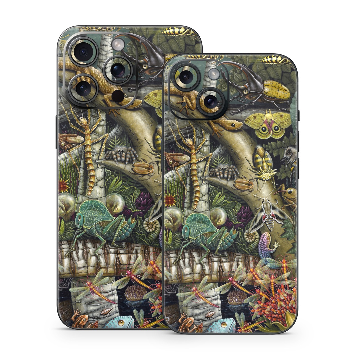 iPhone 15 Series Skin design of Strategy video game, Mythology, Art, Games, Plant, Painting, Adventure game, Jungle, Fictional character, Nepenthes, with green, brown, red, yellow, gray, blue, white colors