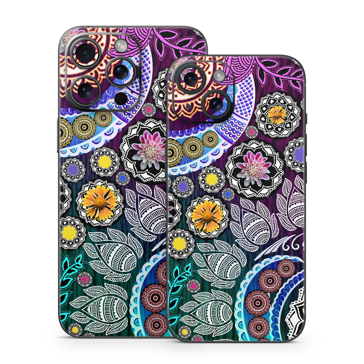 iPhone 15 Series Skin design of Pattern, Psychedelic art, Art, Visual arts, Design, Floral design, Textile, Motif, Circle, Illustration, with black, gray, purple, blue, green, red colors