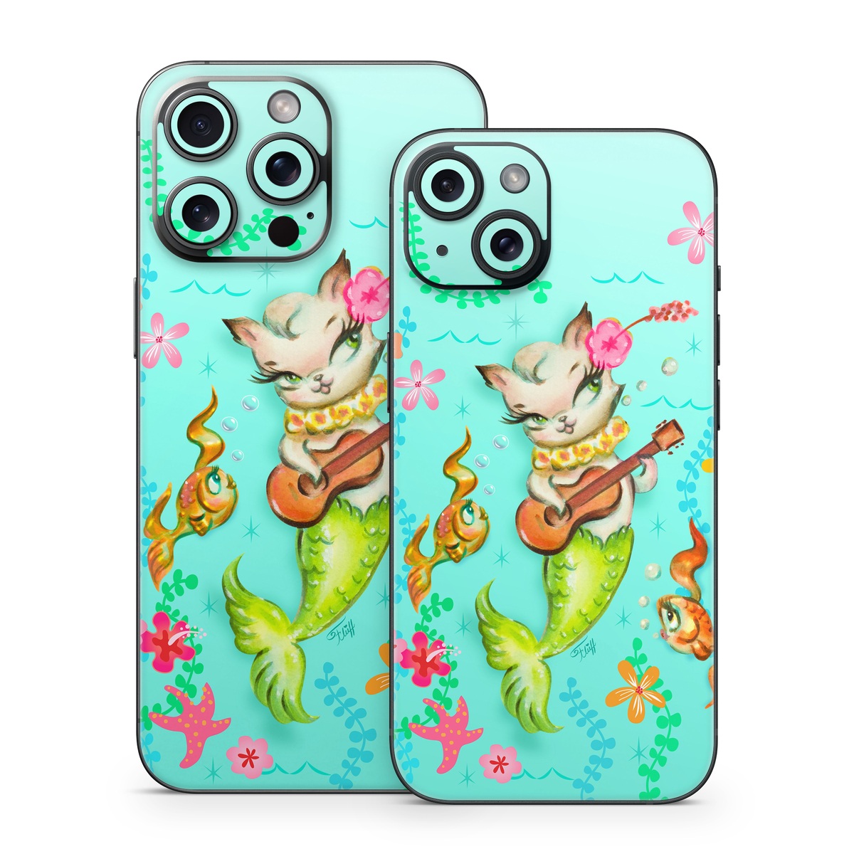 iPhone 15 Series Skin design of Fictional character, Illustration, Mermaid, Mythical creature, Clip art, Art, with blue, green, pink, yellow, orange, white, gray, brown colors