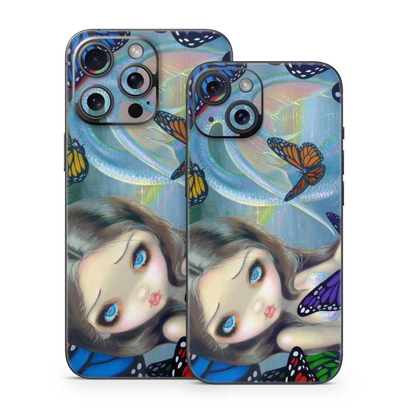 iPhone 15 Series Skin design of Butterfly, Insect, Monarch butterfly, Moths and butterflies, Cynthia (subgenus), Invertebrate, Pollinator, Brush-footed butterfly, Organism, Art, with gray, black, blue, red, pink colors