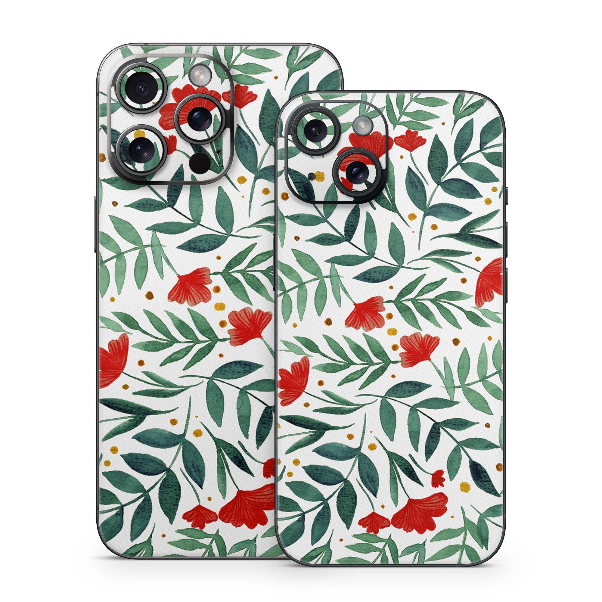 iPhone 15 Series Skin design of Flower, Plant, Textile, Line, Petal, Pattern, Flowering plant, Pedicel, Creative arts, Rectangle, with red, green, orange, white colors