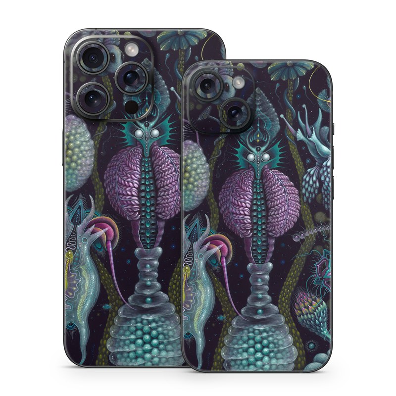 iPhone 15 Series Skin design of Organism, Pattern, Art, Illustration, Fractal art, Psychedelic art, Design, Visual arts, Plant, Modern art, with black, green, purple, pink, yellow, blue colors