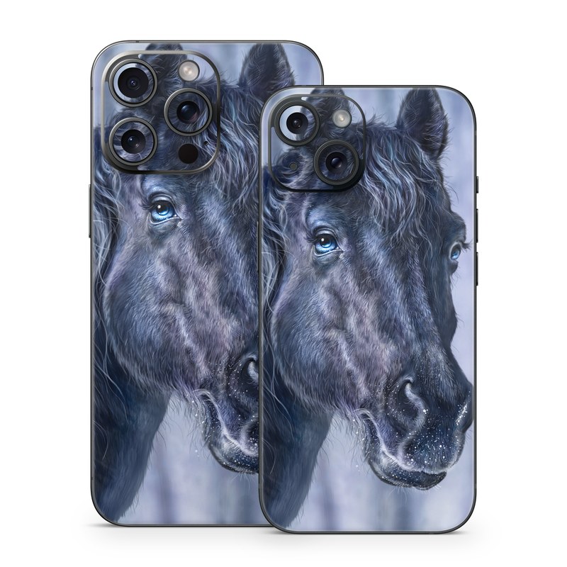 iPhone 15 Series Skin design of Horse, Mammal, Vertebrate, Hair, Mane, Stallion, Snout, Mare, Mustang horse, Livestock, with black, white, blue colors