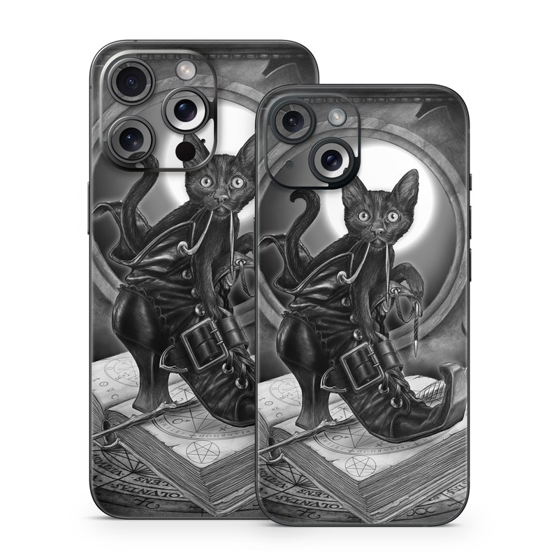 iPhone 15 Series Skin design of Cat, Boot, Book, Wand, Shoelace, Mirror, with black, white, gray colors