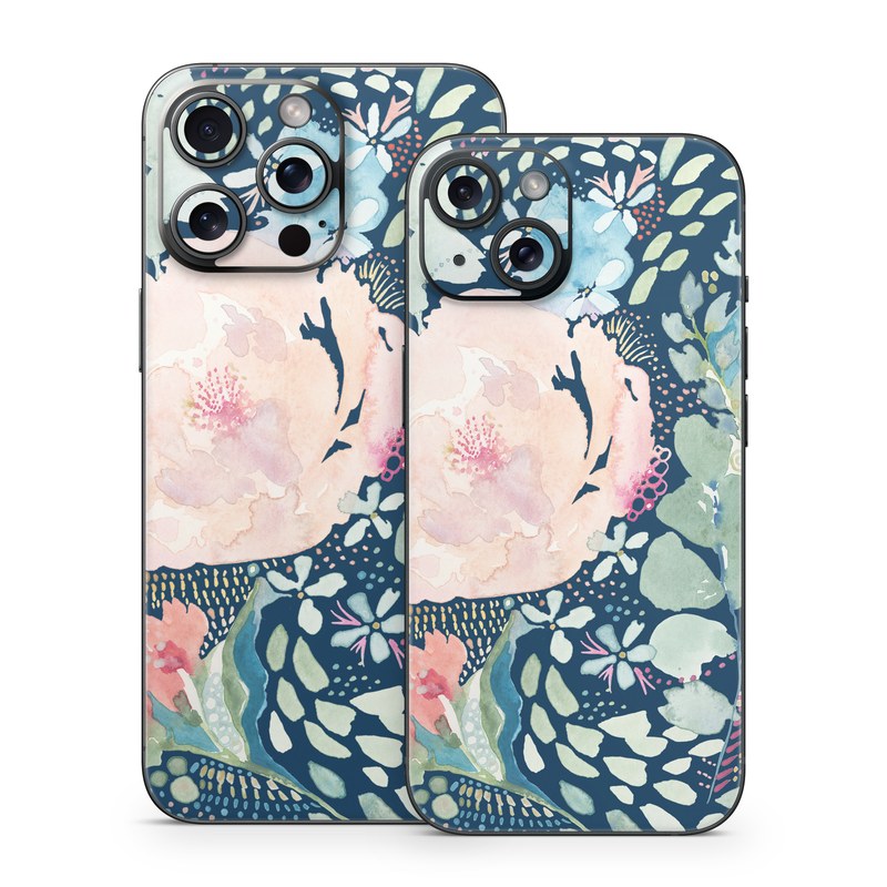 iPhone 15 Series Skin design of Flower, Plant, Petal, Botany, Textile, Sleeve, Creative arts, Art, Painting, Aqua, with blue, pink, green, white, orange, yellow, red colors