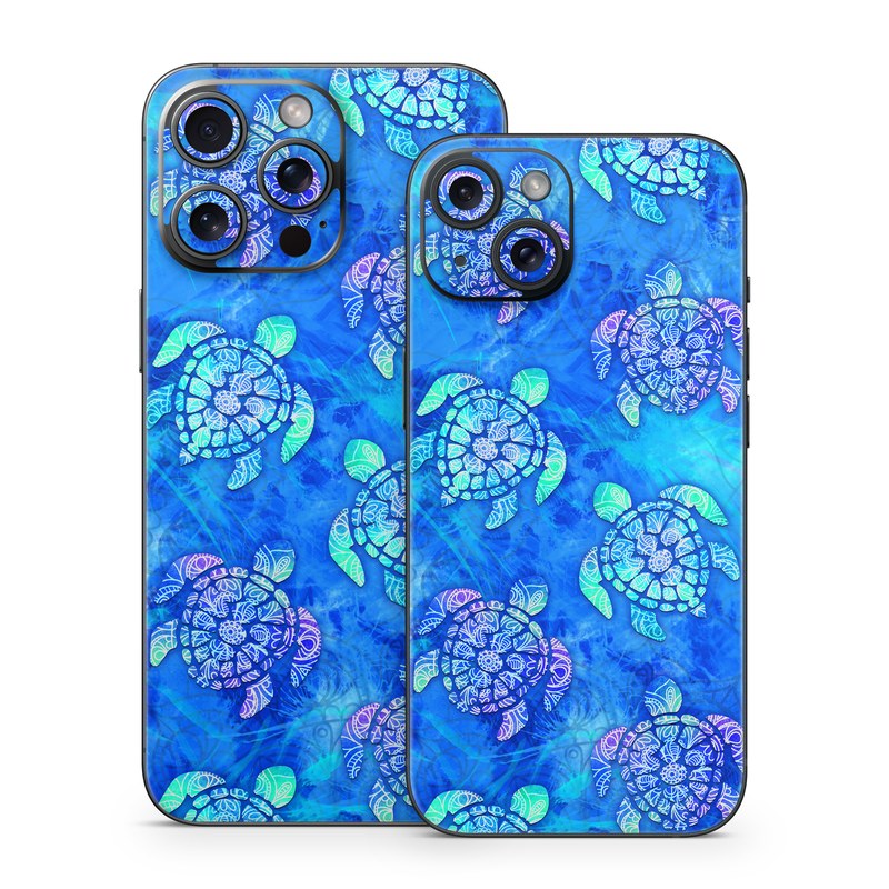 iPhone 15 Series Skin design of Blue, Pattern, Organism, Design, Sea turtle, Plant, Electric blue, Hydrangea, Flower, Symmetry, with blue, green, purple colors