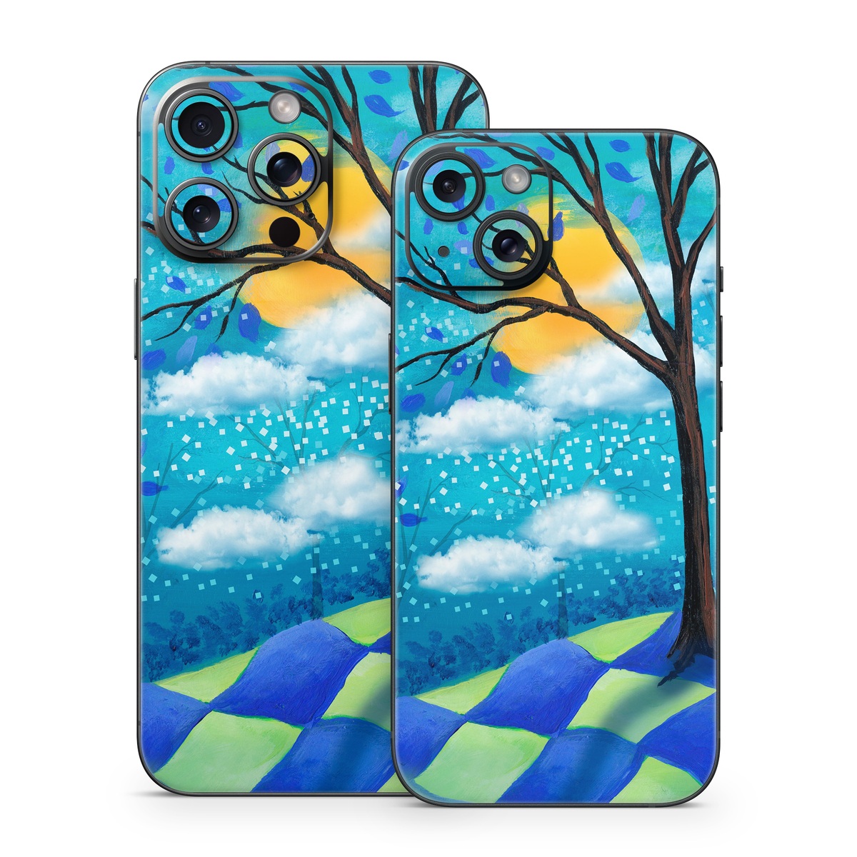 iPhone 15 Series Skin design of Natural landscape, Nature, Blue, Tree, Sky, Branch, Spring, Woody plant, Plant, Leaf, with blue, gray, black, purple, green colors