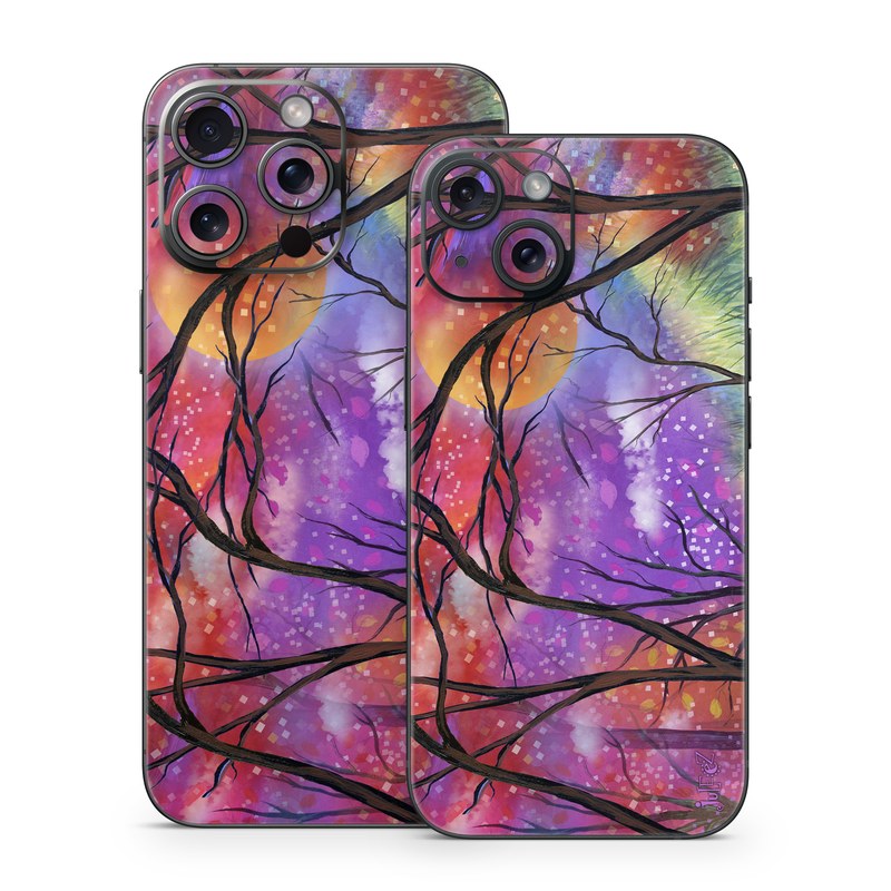 iPhone 15 Series Skin design of Nature, Tree, Natural landscape, Painting, Watercolor paint, Branch, Acrylic paint, Purple, Modern art, Leaf, with red, purple, black, gray, green, blue colors