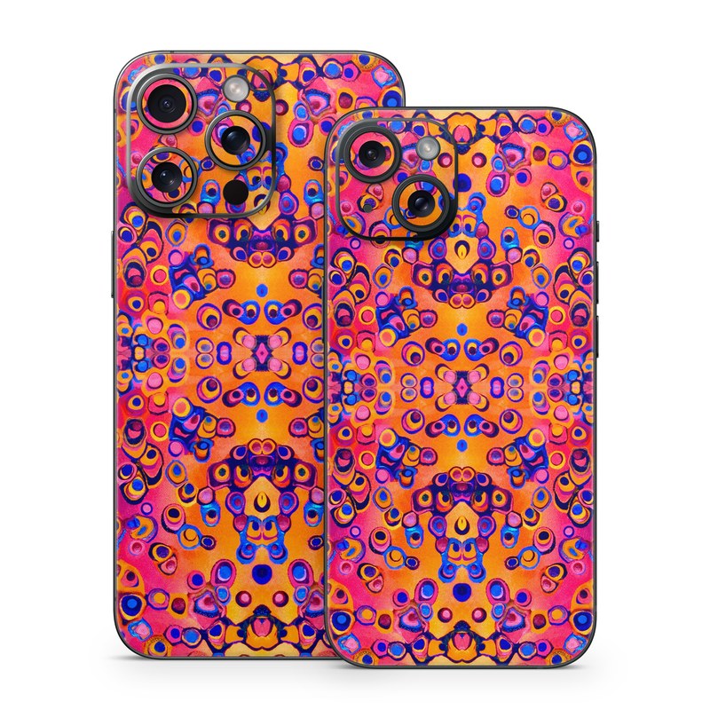 iPhone 15 Series Skin design of Pattern, Psychedelic art, Symmetry, with orange, purple, blue, pink colors