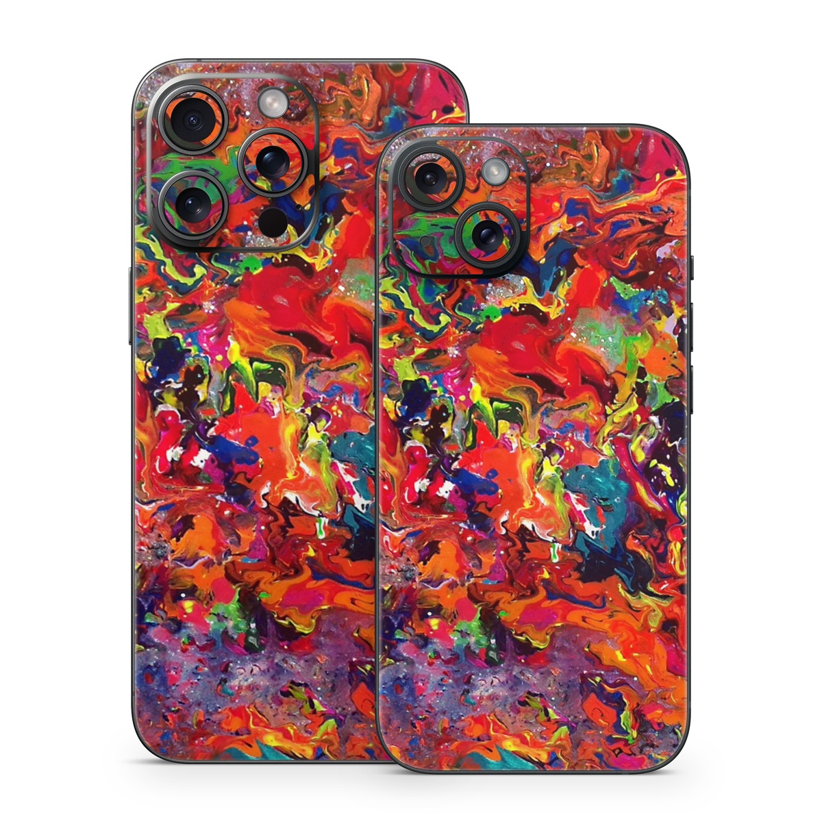 iPhone 15 Series Skin design of Colorfulness, Modern art, Acrylic paint, Painting, Visual arts, Art, Psychedelic art, Textile, Pattern, Paint, with red, yellow, green, orange, yellow colors