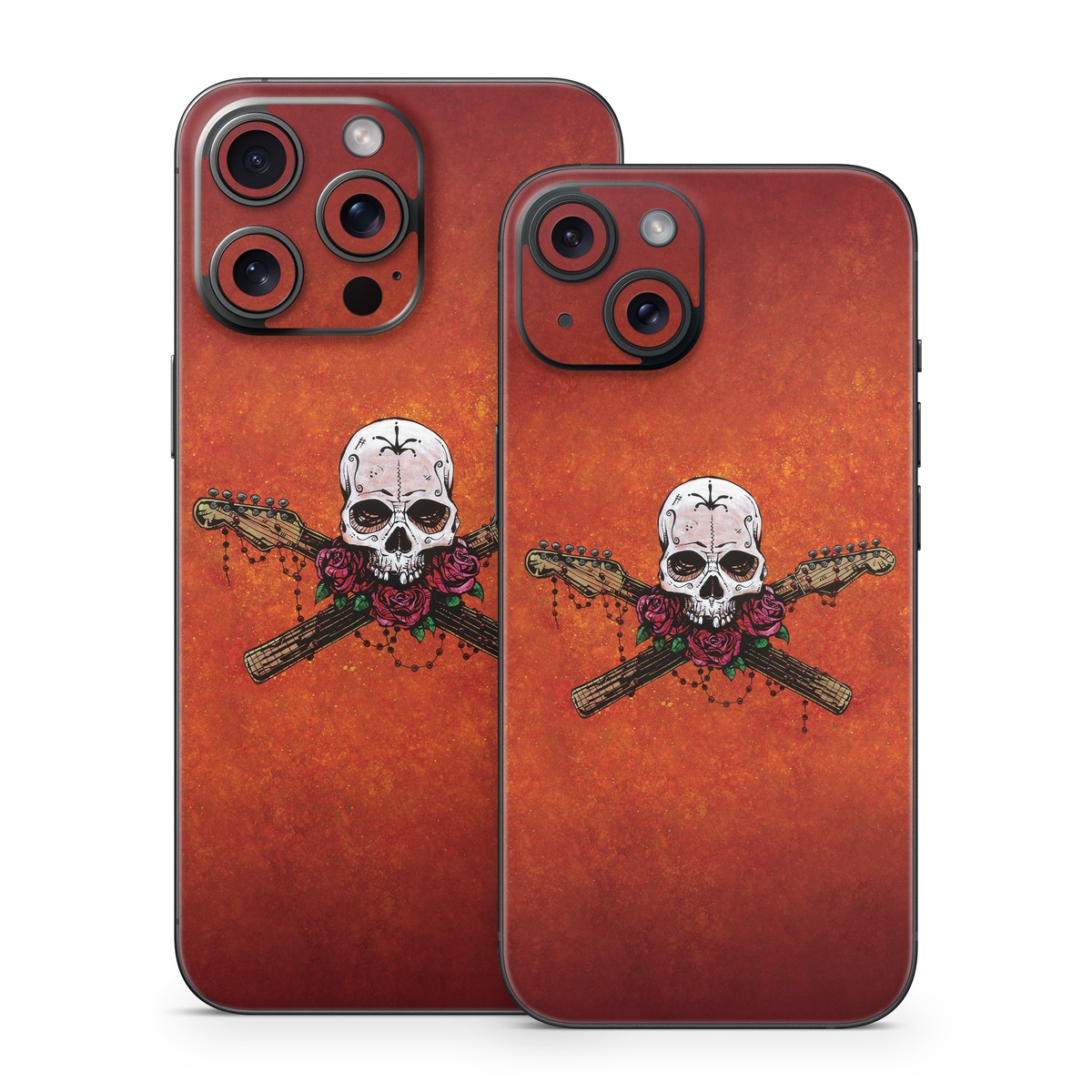 iPhone 15 Series Skin design of Sleeve, Orange, Skull, Font, Bone, Art, T-shirt, Symbol, Circle, Emblem, with black, white, gray, brown, red, green colors