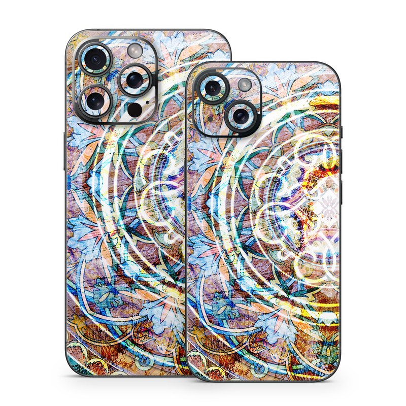 iPhone 15 Series Skin design of Circle, Ceramic, Tableware, with yellow, red, orange, white, blue, green, gray colors