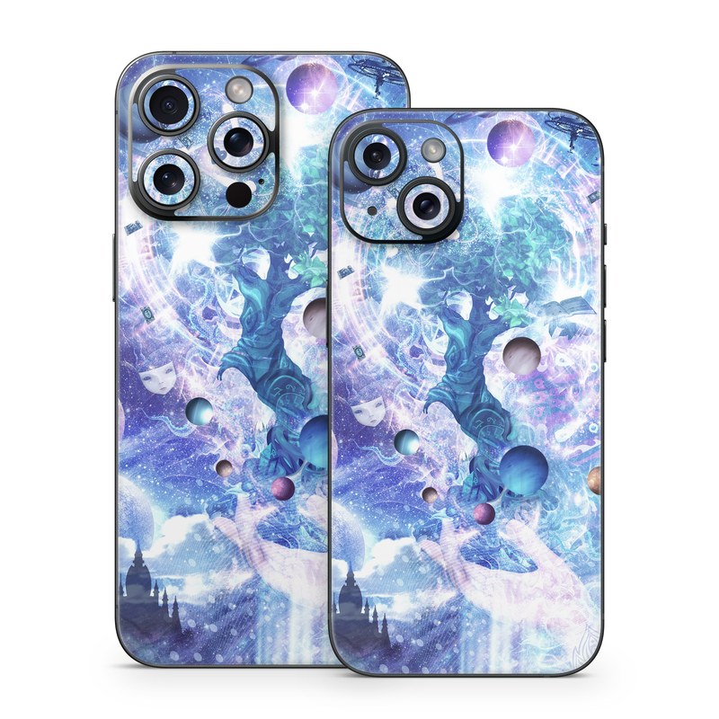 iPhone 15 Series Skin design of Bird, Butterfly, Planets, Deer, Space, Purple, World, Astronomical Object, Cg Artwork, Illustration, Universe, Painting, Fictional Character, Outer Space, Astronomy, Science, Water Feature, Graphic Design, Graphics, Star, Mythology, with blue, purple, white, black, gray, green colors