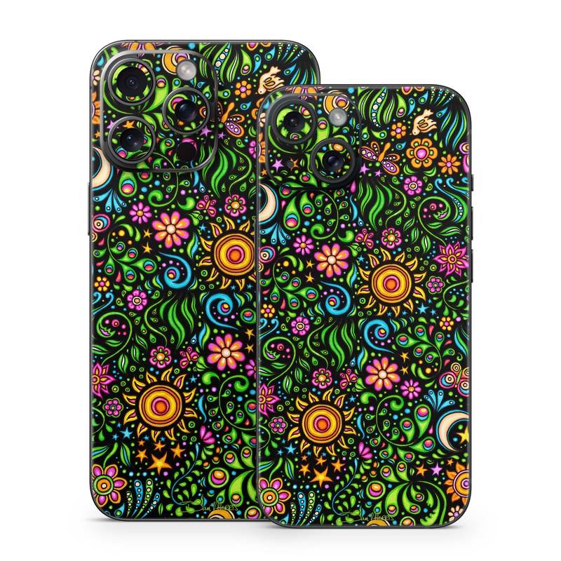 iPhone 15 Series Skin design of Pattern, Psychedelic art, Visual arts, Art, Design, Motif, Organism, Circle, Textile, Plant, with black, red, green, blue, purple colors