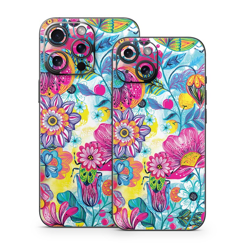 iPhone 15 Series Skin design of Pattern, Floral design, Textile, Design, Flower, Wildflower, Visual arts, Plant, Wrapping paper, with blue, pink, purple, green, yellow, orange, white colors