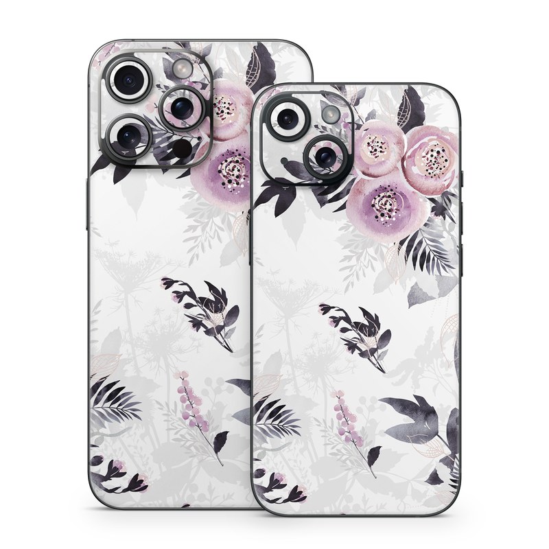 iPhone 15 Series Skin design of Pink, Pattern, Design, Floral design, Textile, Plant, Flower, Magenta, Petal, Wallpaper, with white, purple, pink, black, gray colors
