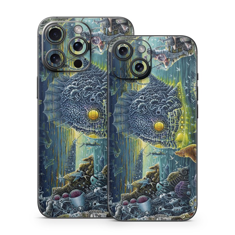 iPhone 15 Series Skin design of Organism, Water, Illustration, Art, Painting, Cg artwork, Fiction, Fictional character, Marine biology, Mythology, with black, gray, blue, green colors