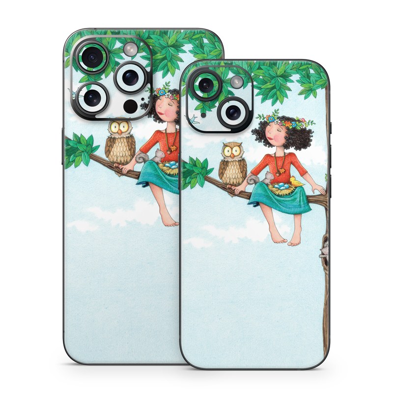 iPhone 15 Series Skin design of Cartoon, Illustration, Branch, Bird, Owl, Tree, Art, Plant, Clip art, Fictional character, with blue, gray, red, black, white, green colors