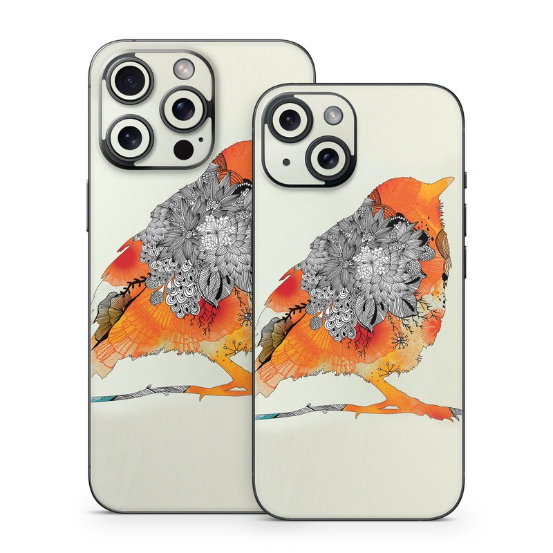 iPhone 15 Series Skin design of European robin, Orange, Bird, Illustration, Old World flycatcher, Drawing, Songbird, Perching bird, robin, Sketch, with gray, yellow, green, red, black colors