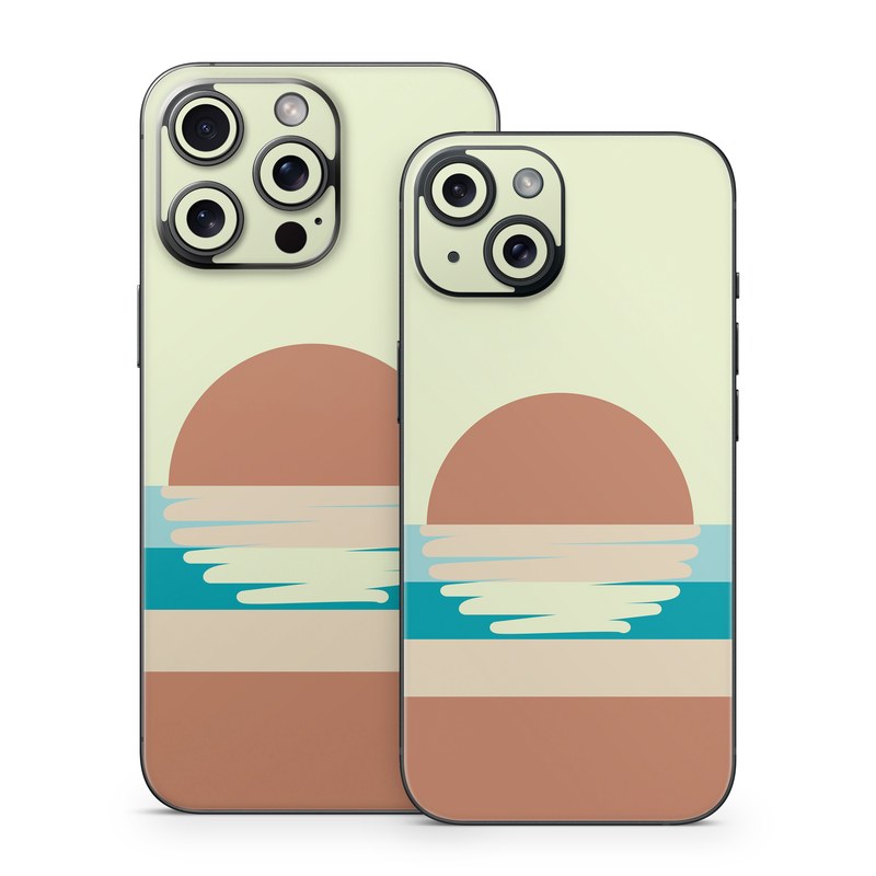 iPhone 15 Series Skin design of Head, Water, Font, Electric blue, Horizon, Circle, Art, Sitting, Leisure, Graphics, with blue, yellow, brown, orange colors