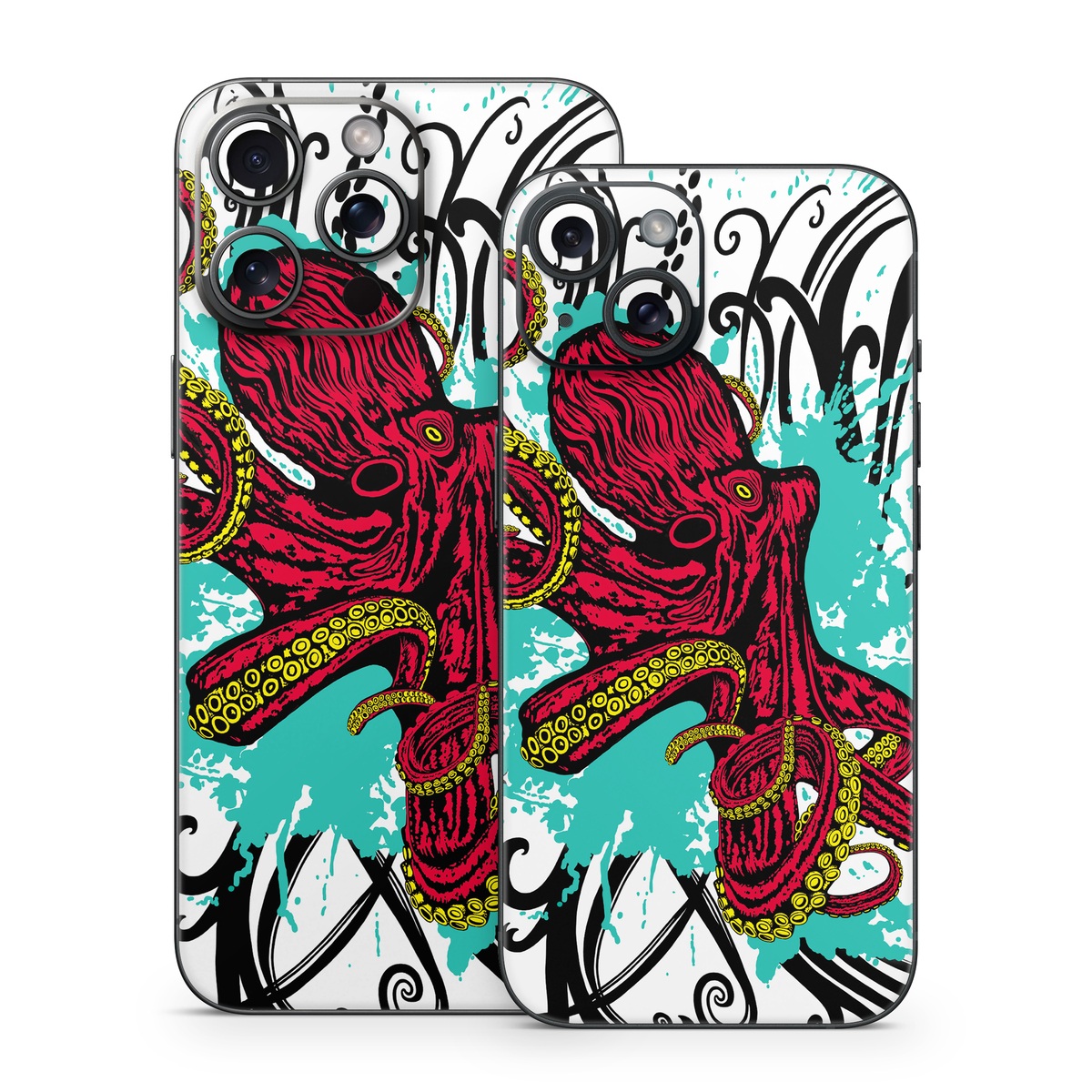 iPhone 15 Series Skin design of Graphic design, Illustration, Visual arts, Octopus, Design, Art, Fictional character, Pattern, Clip art, Line art, with black, white, gray, red, blue, green colors