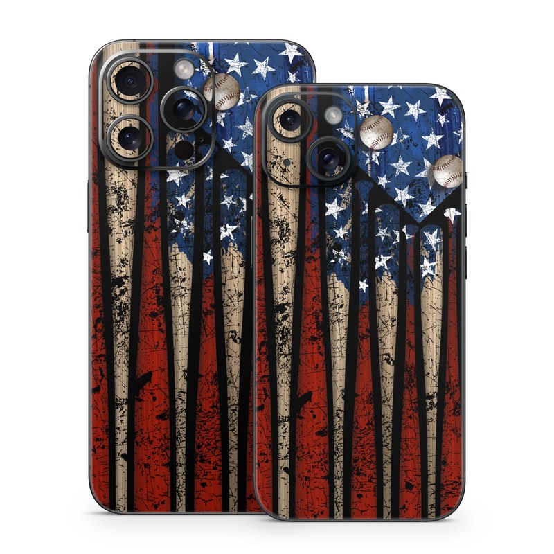 iPhone 15 Series Skin design of Baseball bat, Baseball equipment, with black, red, gray, green, blue colors