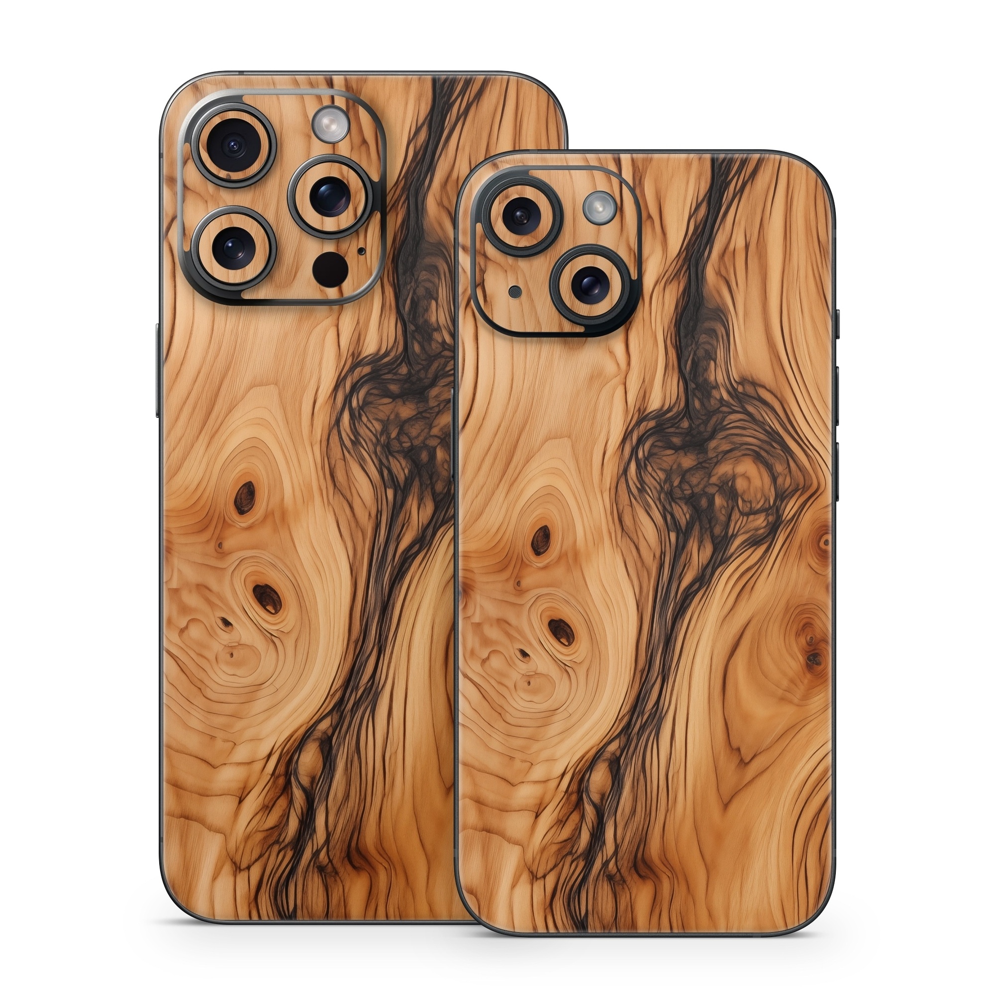 iPhone 15 Series Skin design of Brown, Wood, Trunk, Wood stain, Floor, Liquid, Art, Woody plant, Landscape, Flooring, with black, brown, orange colors