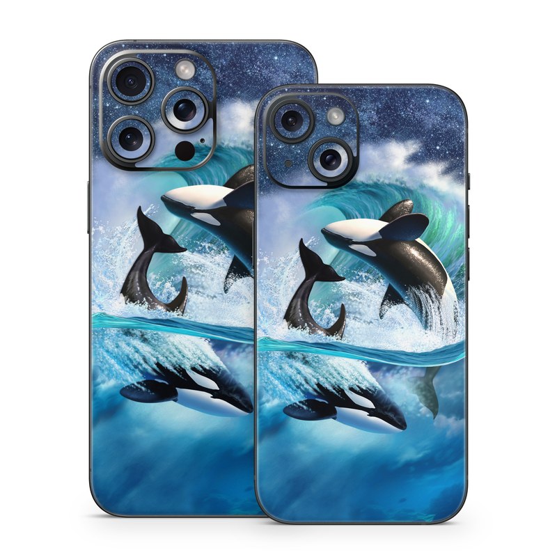 iPhone 15 Series Skin design of Dolphin, Short-beaked common dolphin, Sky, Cetacea, Killer whale, Marine mammal, Water, Illustration, Bottlenose dolphin, Common bottlenose dolphin, with black, blue, white, green colors