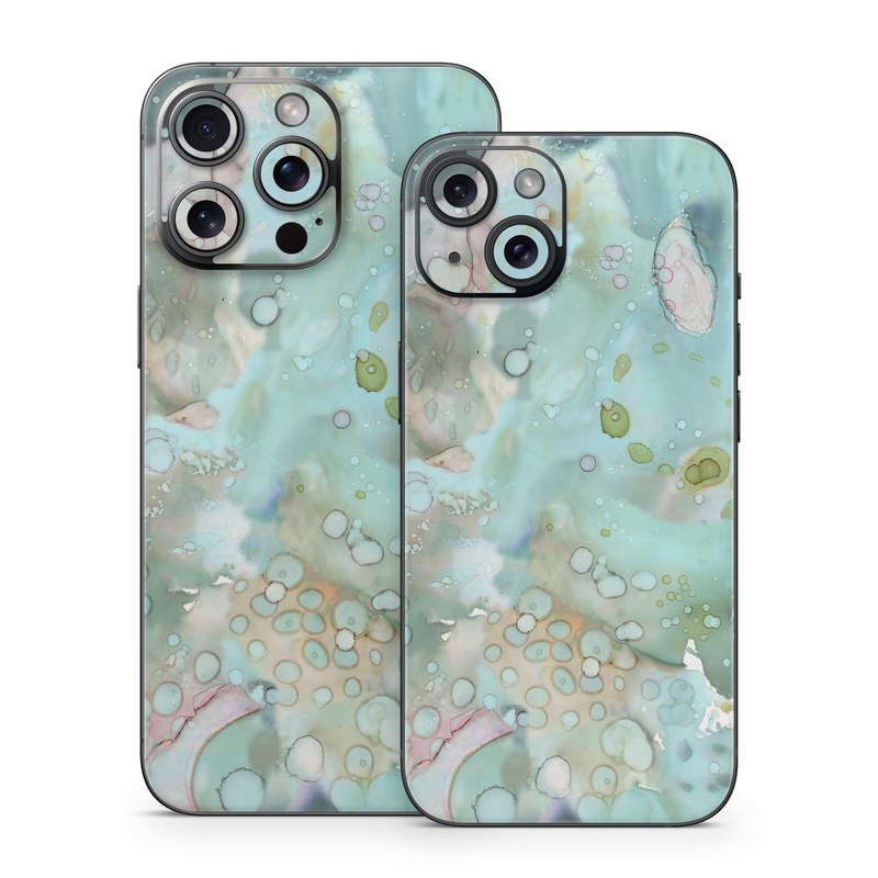 iPhone 15 Series Skin design of Aqua, Blue, Green, Watercolor paint, Pattern, Turquoise, Organism, Design, Art, Painting, with blue, green, pink colors