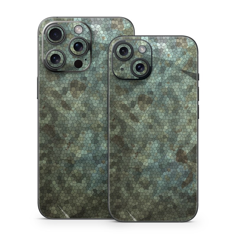 iPhone 15 Series Skin design of Green, Pattern, Brown, Wall, Design, Rock, Geology, Camouflage, Granite, Metal, with black, brown, blue, gray, white colors