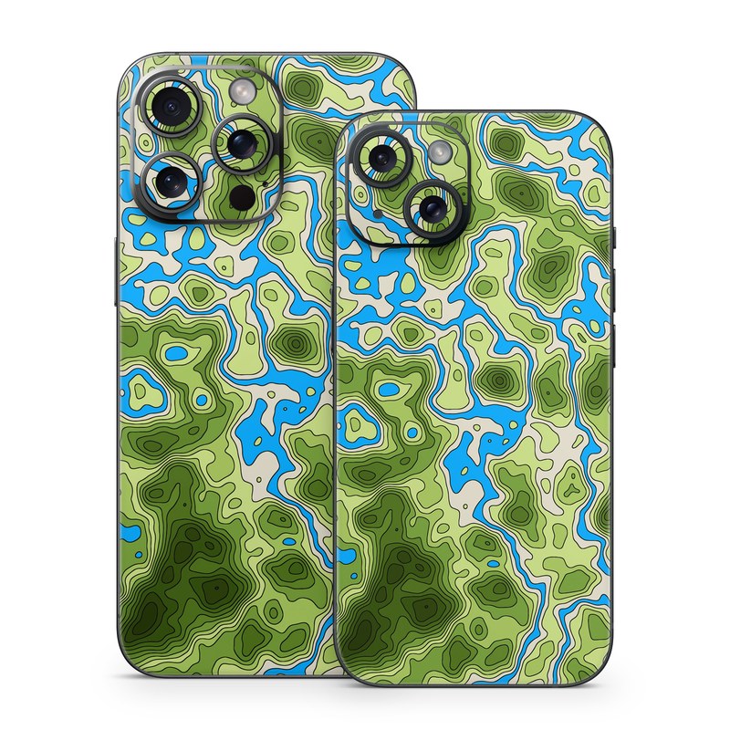 iPhone 15 Series Skin design of Botany, Azure, Organism, Vegetation, Aqua, Terrestrial plant, Symmetry, Electric blue, Pattern, Art, with green, blue colors
