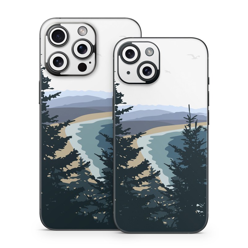 iPhone 15 Series Skin design of Sky, Plant, Mountain, Natural landscape, Branch, Larch, Tree, Highland, Atmospheric phenomenon, Evergreen, with white, blue, yellow, gray, black, green colors