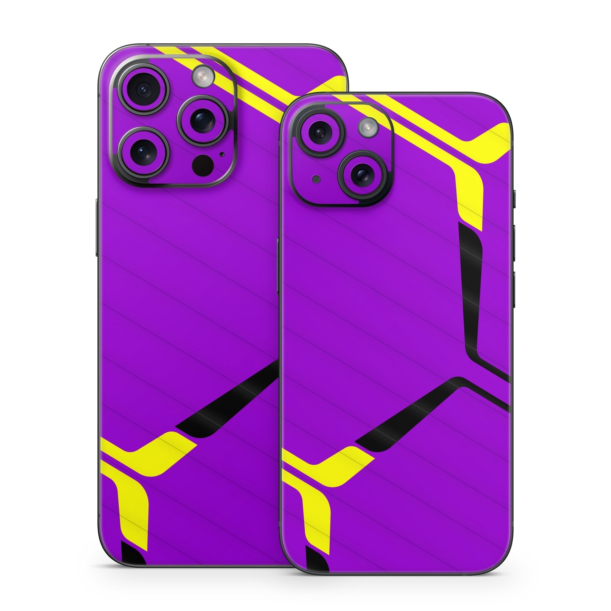 iPhone 15 Series Skin design of Colorfulness, Purple, Violet, Line, Magenta, Parallel, Symmetry, Pattern, Electric blue, Font, with purple, yellow, black colors