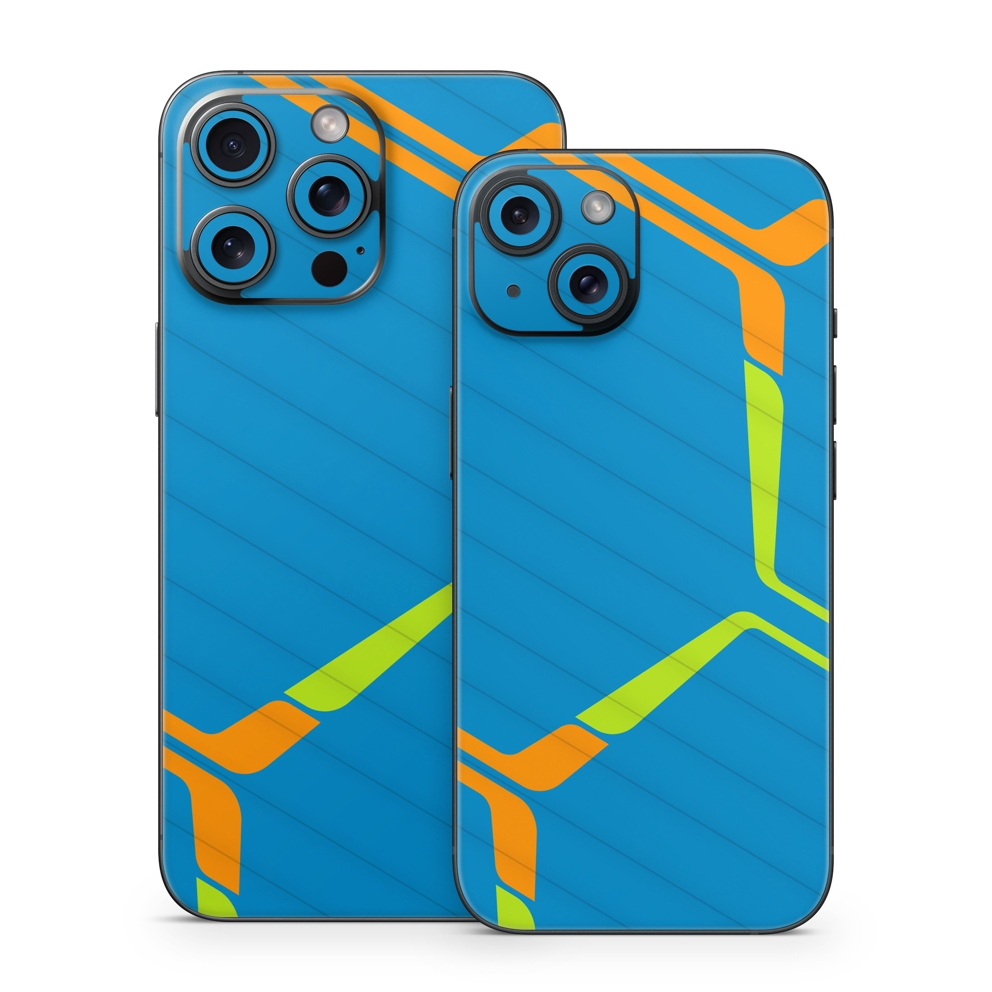 iPhone 15 Series Skin design of Azure, Triangle, Rectangle, Parallel, Electric blue, Symmetry, Font, Pattern, Circle, Sky, with blue, orange, green colors