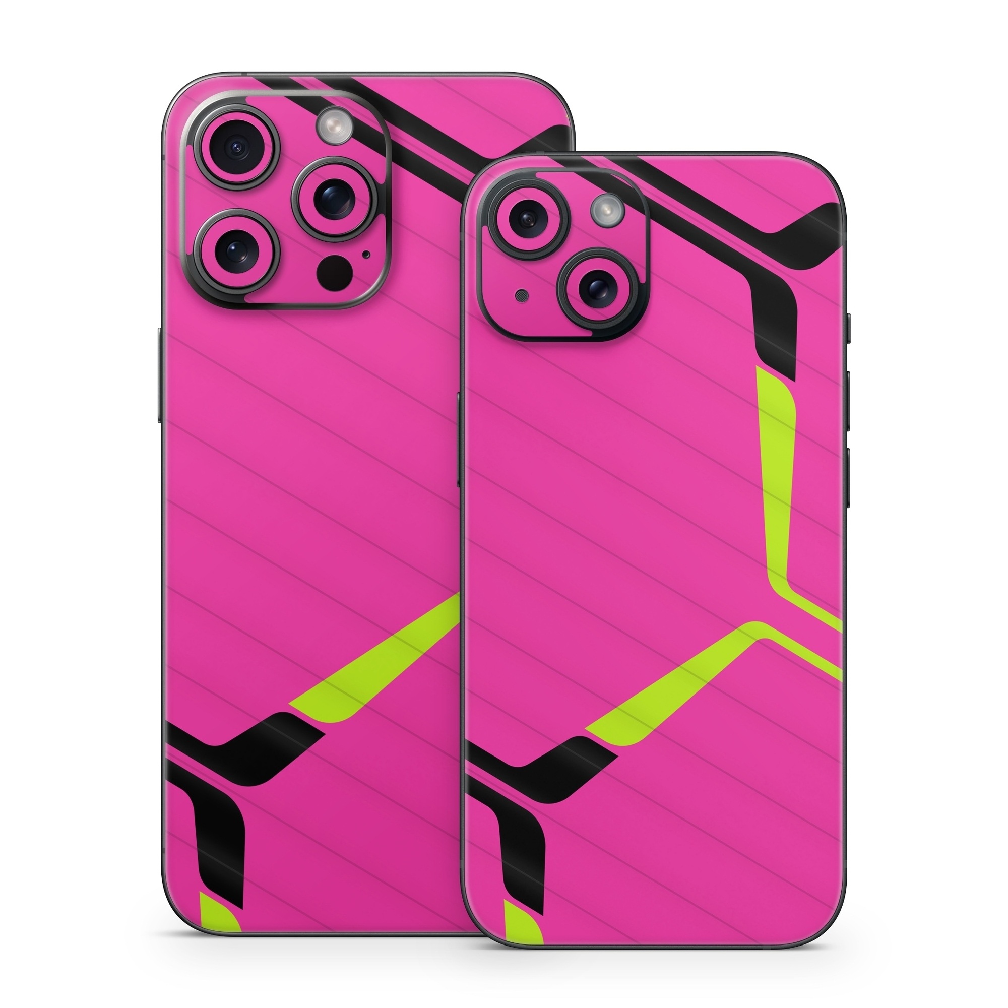 iPhone 15 Series Skin design of Purple, Textile, Sleeve, Jersey, Violet, Triangle, Font, Magenta, Collar, Parallel, with pink, black, yellow colors
