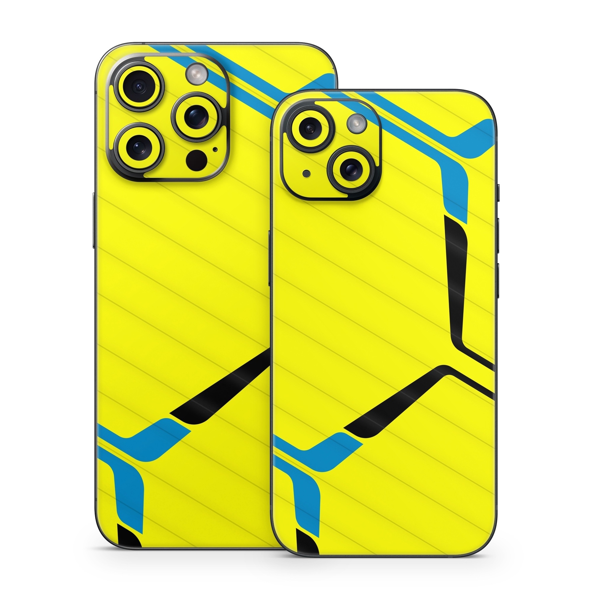 iPhone 15 Series Skin design of Azure, Triangle, Font, Parallel, Symmetry, Pattern, Electric blue, Symbol, Rectangle, Design, with yellow, blue colors